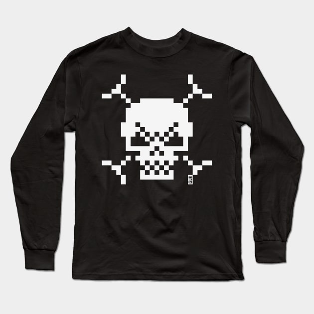 Skull And Crossbones Small (Pixel Art / Jolly Roger / White) Long Sleeve T-Shirt by MrFaulbaum